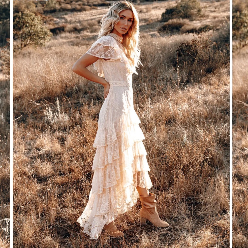 Vici Cream Lace High-Low Ruffled Maxi Dress